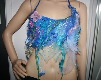 Ethereal Nuno Felted Butterfly Mermaid Top. Woodland Felted Water Nymph Siren Mermaid Top! OOAK Art. Blue watery tones. Mermaid costume.