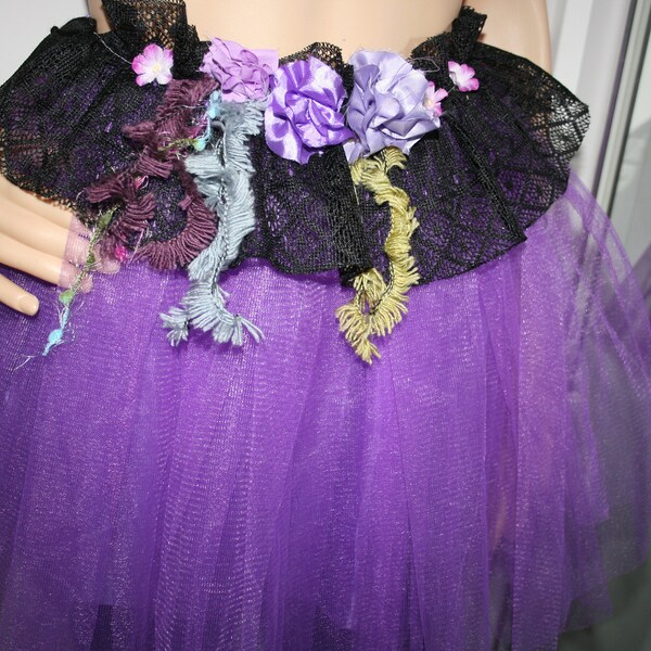 Woodland Pixie Fairy Gypsy Witch Belt/Skirt. OOAK. Made from my box of mixed treasures. Ruffled Black Lace. Purple Tutu not included.