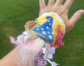Felted Toadstool and flowers Bracelet Wrist Cuff. OOAK fairy tale Wearable Art. Pixie Fairy Accessory. Fairycore. Toadstool. Ties up.