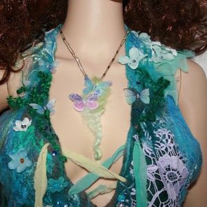 Butterfly Mer Fae necklace. Artsy collage statement necklace. Beautiful unique mermaid fairy item. Ties up at the neck. Size adjustable.