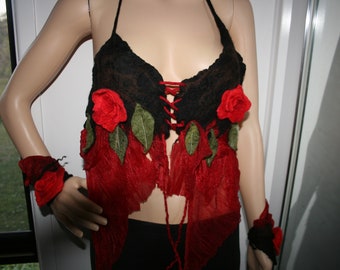 Matching set Nuno felted Woodland Gypsy outfit. Woodland felted laced tie up top with felted leaves. Very soft against skin.OOAK 2 piece set