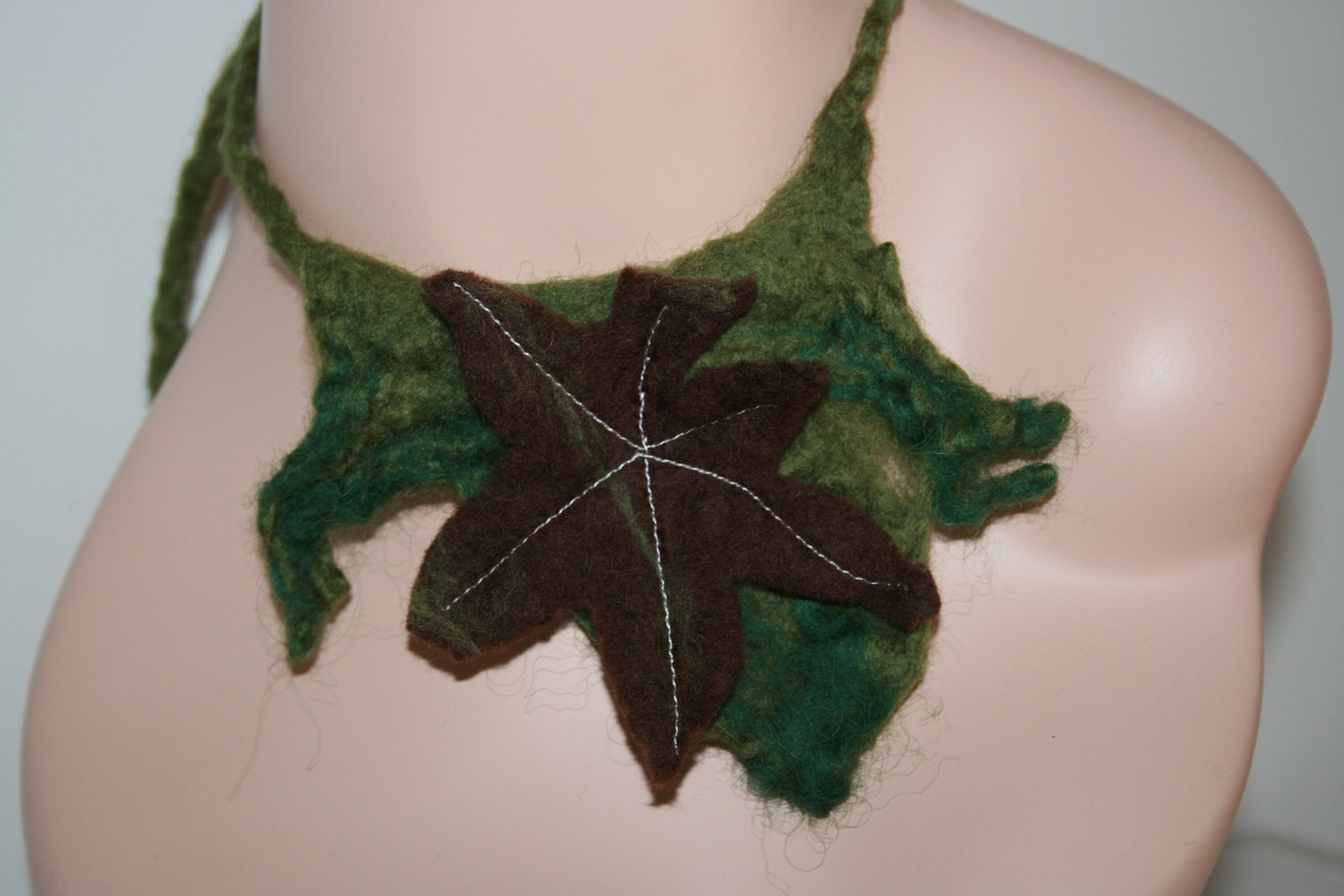 Wet Felted Tree Leaf ScarfShawl. Soft Merino Wool Brown Earthy Felted Forest Neck Warmer Ties up at back green tones