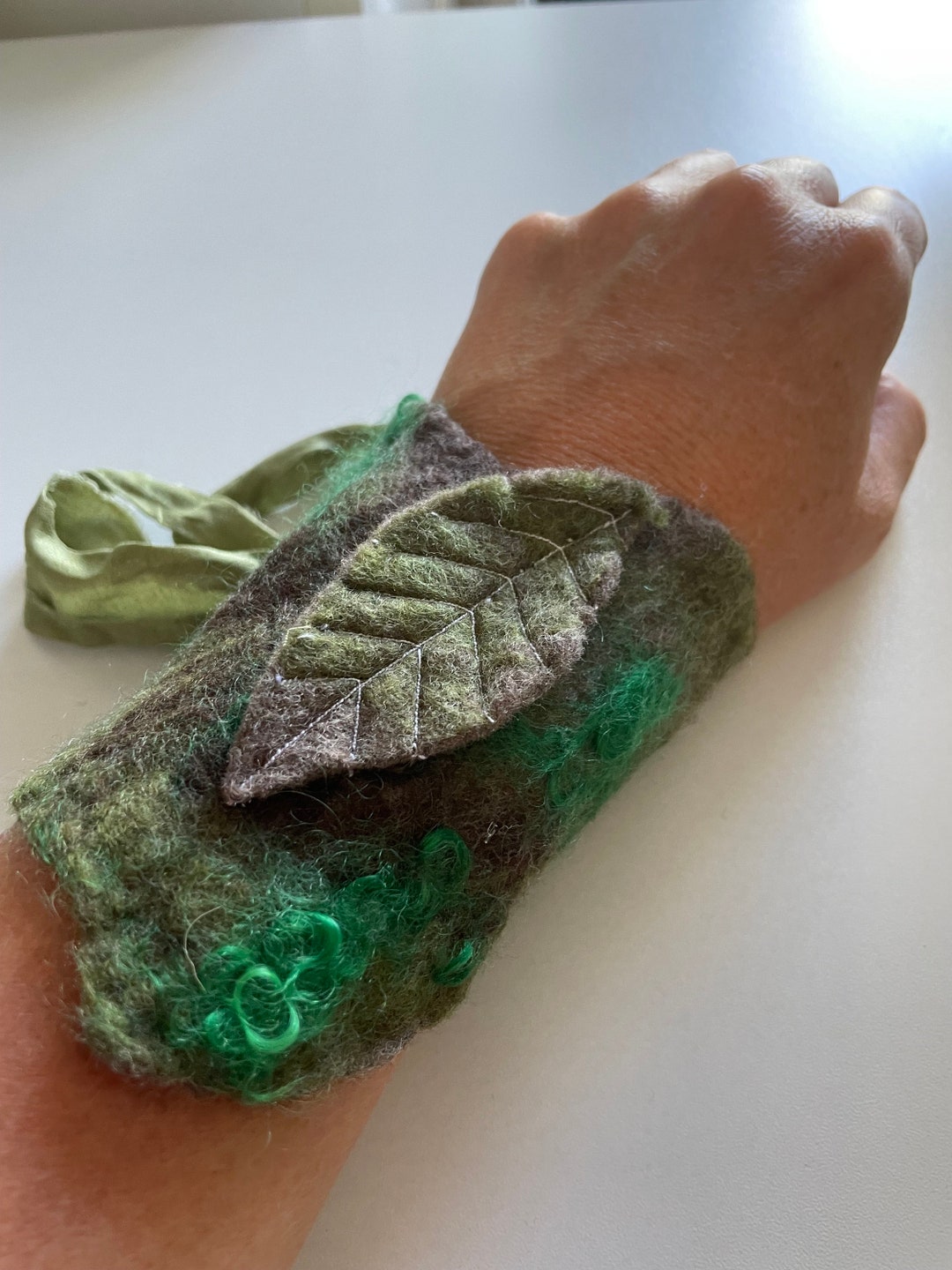 Wearable Ribbon Felted Leaf Bracelet Wrist Cuff. Corset Tie up Style. OOAK Wearable Art ...