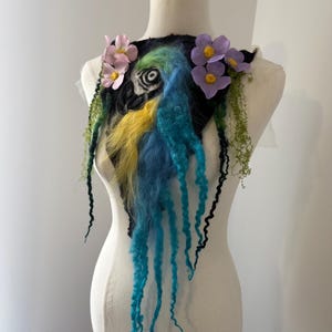 Giant Parrot Art to wear Bird necklace/belt piece. Felted Bohemian Hippie Belt with flowers, vines, Cascading effect. OOAK Wearable Art.