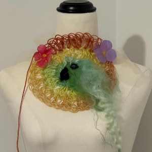 Art to wear Bird neck/belt piece. Crocheted Bohemian Belt with bird, flowers, Circle effect. OOAK Wearable Art. Romantic Woodland. Ties up.