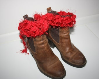 Christmas Knit Boot Toppers. Soft sparkly wool. OOAK Wearable Art. Red tones. Art yarn. Ready to send. Great gift!