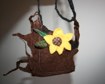 Pretty Rustic Sunflower Felted Bag With Gorgeous Pointy and curly detail. Green leaves. Brown, black and yellow.