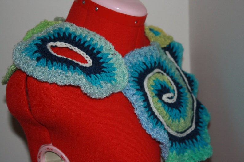 Unique Beautiful Blue Aqua Spiral Freeform Crochet Capelet Ready to ship. One Of A Kind Wearable Art