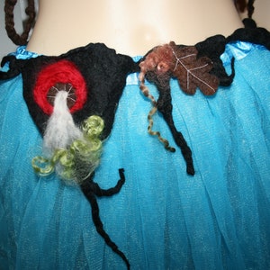 Beautiful Woodland Pixie Fairy Felt Belt/Skirt/Scarflette OOAK Wearable Art. Black and Green open pouch bag with needle felted toadstool.