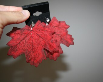 Woodland Nymph Silk Leaf Earrings. Sterling Silver hooks. Pixie Fairy. Festival clothes.OOAK Wearable Art. Red. Maple leaf. Halloween.