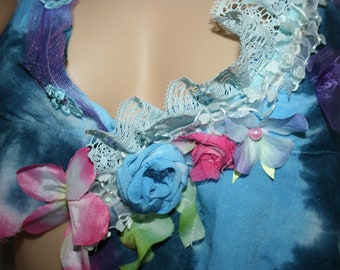 Beautiful Mermaid Fairy top. Shabby chic top with silk flowers and  lace detail. Altered couture. OOAK.  Blue and purple.