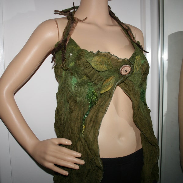 Nuno Felted Woodland Goddess Top. Tree branches and Leaves Top. OOAK Wearable Art. Ready to send. Soft Merino wool. Green and brown.