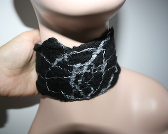 Black Felted Spider web choker Neck Warmer Merino Wool.OOAK.'Spider Web.'Hand made.Cowl.Neck Cuff.Wet Felted Scarf/Shawl/Necklace with silk.