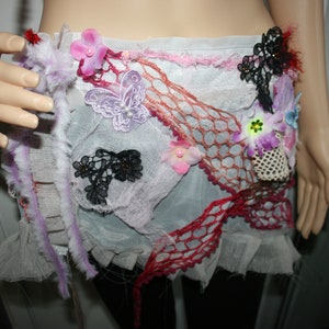 Tattered up cycled art to wear Belt/Skirt. OOAK. Made from my box of mixed treasures. Ruffled Lace. Purple Tutu not included. Ties up.