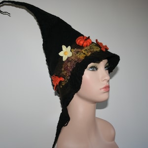 Halloween Kürbis Hexe gefilzte Pixie Fee Haube. Zauberhafte Hut im Stil einer handgefilzten Hut.