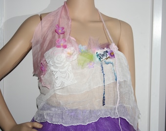 Romantic Ethereal Fairy top. Embellished top with silk flowers and lace detail. Altered couture. OOAK. Size adjustable. Stunning, unique.