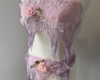 Lilac pink Ethereal Outfit overlay! Textile art to wear top and belt. Size adjustable. Ties up. OOAK wearable art. Delicate Fairy festival