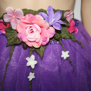 Beautiful Woodland Fairytale Flower Pixie Fairy Felt Belt/Skirt/Scarflette OOAK Wearable Art. Ready to send.  Purple, pink white flowers.