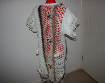 Freeform Crochet Long Ladies Coat.Beautiful Wearable Art. One Of A Kind. Natural.Appliqué Flowers. Soft Mohair