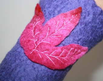 Woodland Folk Leaf Nymph Dreamy Felt Wrist Warmers.OOAK Wearable Art. Leaf Pattern. Purple With Purply pink Leaves. Pixie Fairy Accessory.