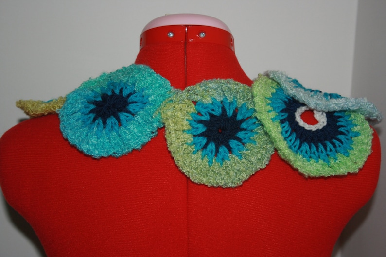 Unique Beautiful Blue Aqua Spiral Freeform Crochet Capelet Ready to ship. One Of A Kind Wearable Art