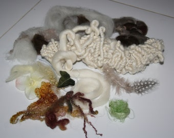Fibre Art Craft Bundle With Hand spun art yarn 15. Hand spun artsy novelty art yarn. Weaving supply. Mixed fibres.Silk.Soft Merino Wool.