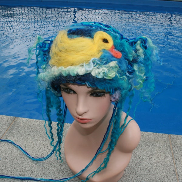 Freeform Knitted Fairy tale Duck Hat. Made With My Hand spun art yarn. OOAK Wearable Art. Soft Merino wool. Spiral yarn.