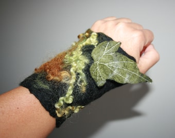 Felted Forest Wrist Cuff for him. Woodland Folk Wrist Warmer. Dreamy Felted Arm cuff. OOAK Wearable Art. Festival. Green Felted Clothing.