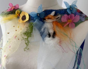The Fox and Duck!  Felted neck piece. Made from very soft Australian Merino wool. Cascading wool lace and flowers. Ties up. OOAK Art to wear