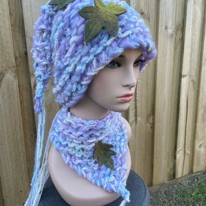 Knitted Pixie set of hat and neck warmer. Made from my very soft hand spun art yarn.