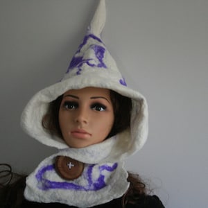 Magical White and Purple Felted Pixie Fairy Hood. Magical Pointy Style Hat. Handmade Rustic wooden button. Soft Merino wool.