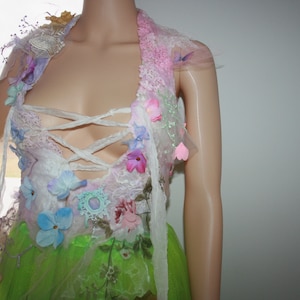 May include: A white lace bodice with a green tulle skirt. The bodice is decorated with colourful flowers and butterflies. The bodice laces up the front.
