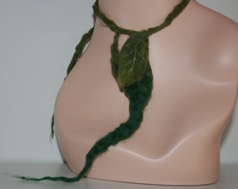 Earthy Felted Forest Neck Warmer. Soft Merino Wool. Brown, green tones. Ties up at back. Wet Felted Tree Leaf Scarf/Shawl.