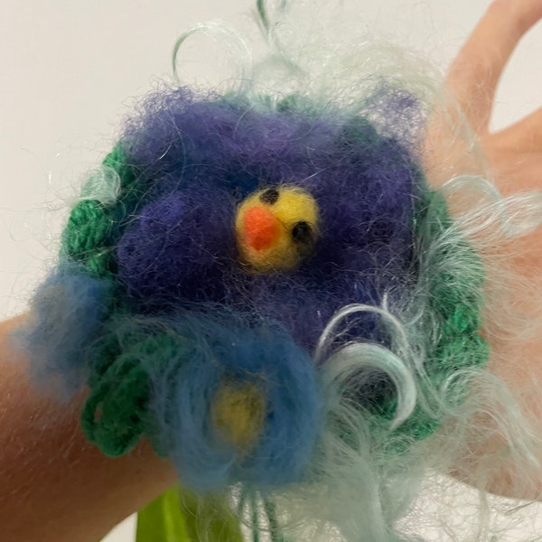 Enchanting Forest Fairy tale Easter Chick Nest bracelet. Felted Soft Merino wool. Crochet Hand spun art yarn. OOAK. Hand Made In Australia.