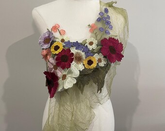 Beautiful Ethereal Top! Fairy tale textile art to wear top. Small. Size adjustable. Ties up at back with chiffon.OOAK wearable delicate art.
