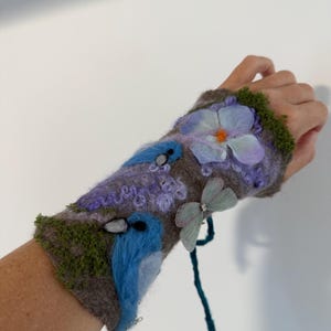 Needle Felted birds Bracelet Wrist Cuff. Latticed Tie up style. OOAK Wearable Art. Pixie Fairy Accessory. Felted birds. Butterfly. Flower.
