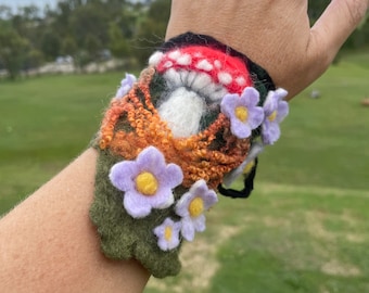 Felted Toadstool and flowers Bracelet Wrist Cuff. OOAK fairy tale Wearable Art. Pixie Fairy Accessory. Fairycore. Toadstool. Ties up.