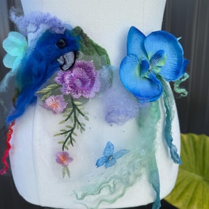 Art to wear Bird belt/neck piece. Felted Bohemian Belt with bird, flowers, vines, Cascading effect. OOAK Wearable Art. Romantic Woodland.