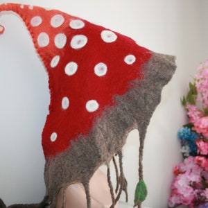 May include: A red and brown felt mushroom hat with white polka dots. The hat has a long, pointed crown and a curled brim. The hat is decorated with a green leaf.