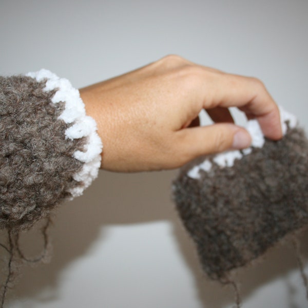 Beautiful Fluffy brown Freeform Crochet Woodland wrist warmers. One Of A Kind Wearable Art. Ties up.