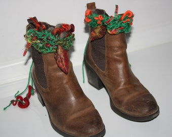 Christmas Knit Boot Toppers. Hand spun art yarn.OOAK Wearable Art.Red tones. Art yarn. Ready to send. Great gift!