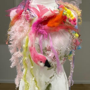 Giant Art to wear Flamingo fun neck piece! Felted necklace, needle felted bird detail. Soft cascading wool locks. OOAK Textile art.