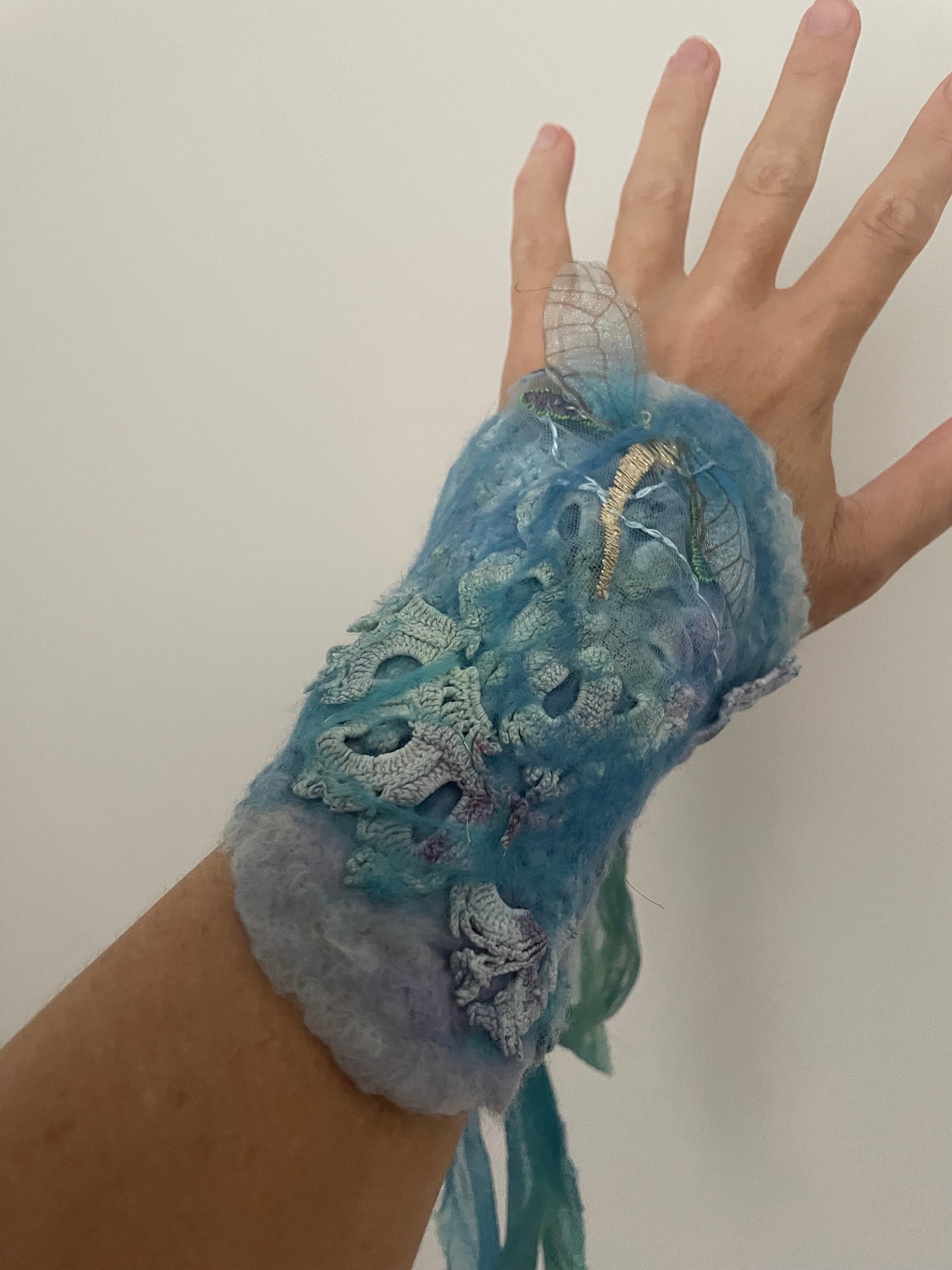 Dragonfly Mermaid Fae Nuno Felted 'Fairy tale Treasure' Mer Folk Nymph Dreamy Felted Wrist cuff bracelet. OOAK Wearable Art. Ties up.