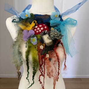 Giant Art to wear bird on toadstool neck piece! Felted necklace, needle felted bird detail. Soft cascading wool locks. OOAK Textile art.