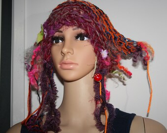 Freeform Knit Hat. Made With My Hand spun art yarn. OOAK Wearable Art.Soft Merino wool. Soft Mixed wool. Hand made. Unique forest fairy hat.