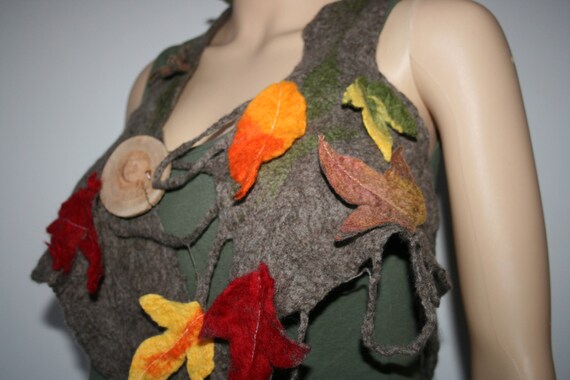 Costume. Festival clothes.OOAK Wearable Art Pixie Fairy Soft Brown Merino wool Felted Ivy Leaf Toadstool Woodland Nymph leaf Necklace