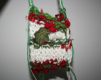 Knitted Christmas Bag. Open Pouch bag. Soft Australian Merino wool. Made with my hand spun art yarn. Felted leaves and Merino wool berries.