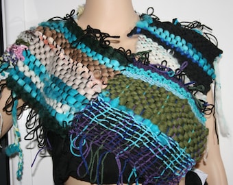Hand Woven Art yarn Poncho wrap. With Soft Merino wool. Freeform Crochet Hand spun art yarn. Rustic shawl. OOAK. Hand Made In Australia.