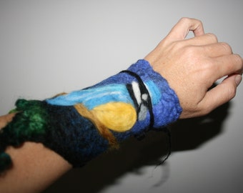 Woodland Folk Needle Felted Blue Tit Bird Bracelet Wrist Cuff gauntlet style. OOAK Wearable Art. Blue. Pixie Fairy Accessory.