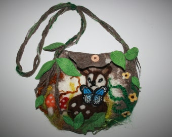 Beautiful Fairy tale Woodland Felted Bag With needle felted deer detail. Soft Australian Merino wool. OOAK Art to wear.